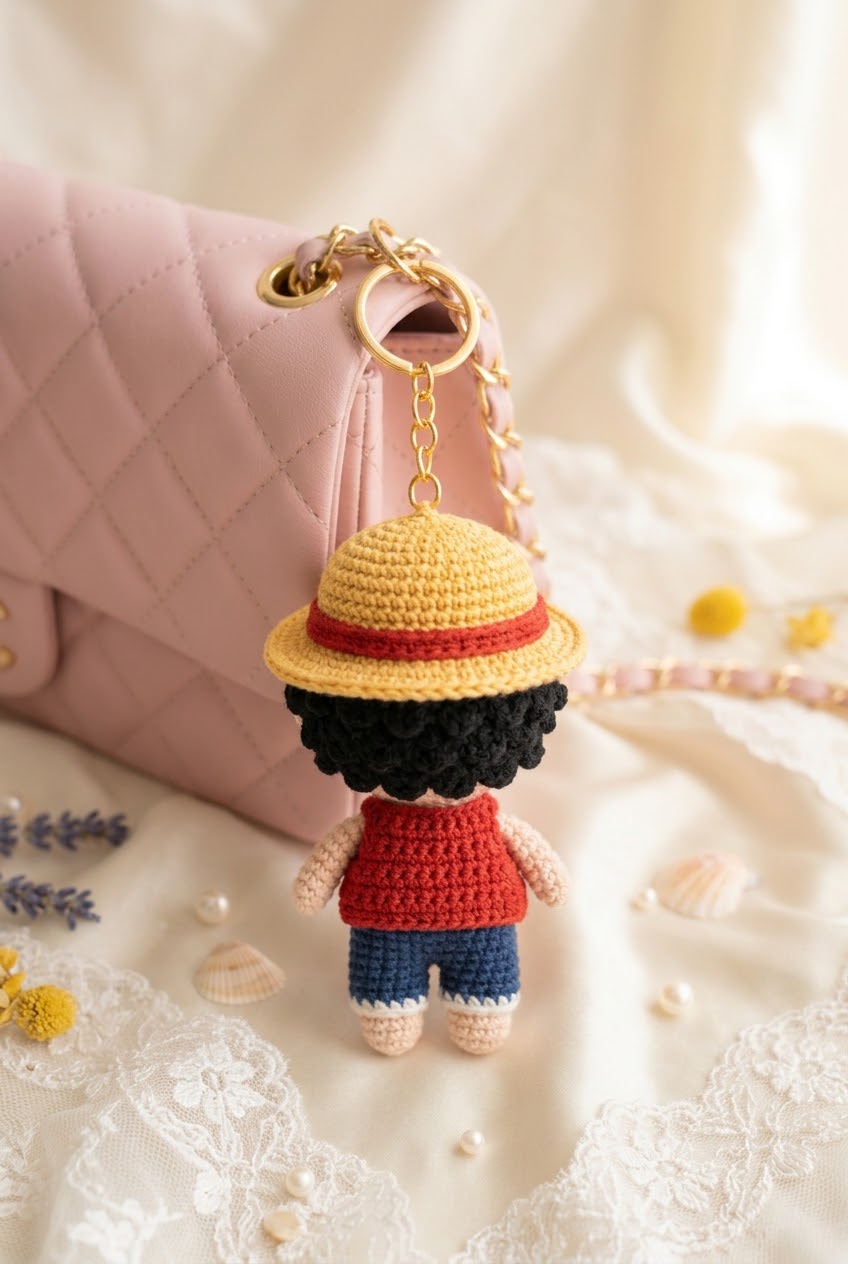 Crochet Pirate Straw Hat Charm – Handmade Kawaii Bag Accessory