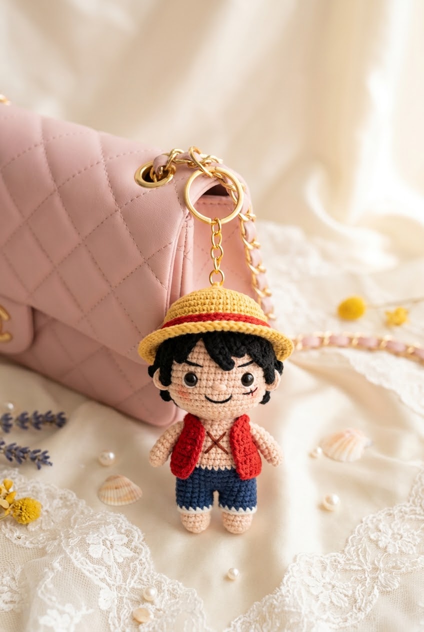 Crochet Pirate Straw Hat Charm – Handmade Kawaii Bag Accessory