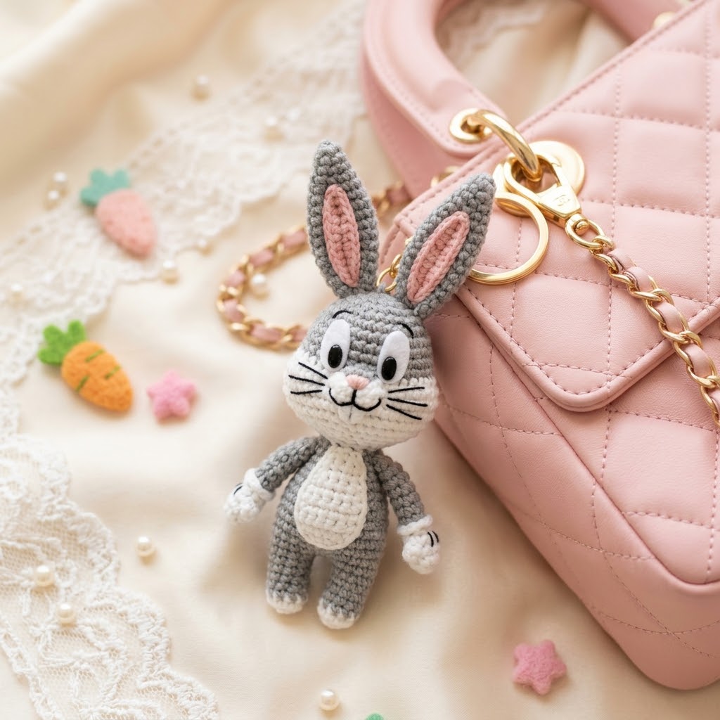 Crochet Cheeky Bunny Charm – Handmade Kawaii Bag Accessory
